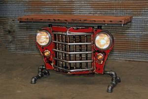 01 "Steampunk Industrial, Original 50&#39;s Jeep Willys Grille, Hallway Table"