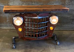 01 "Steampunk Industrial, Original 50&#39;s Jeep Willys Grille, Table, Red"