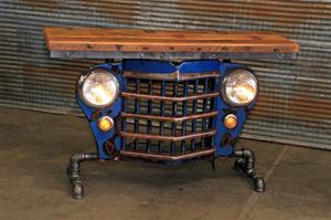 01 "Steampunk Industrial, Original 50&#39;s Jeep Willys Grille, Blue, Table"